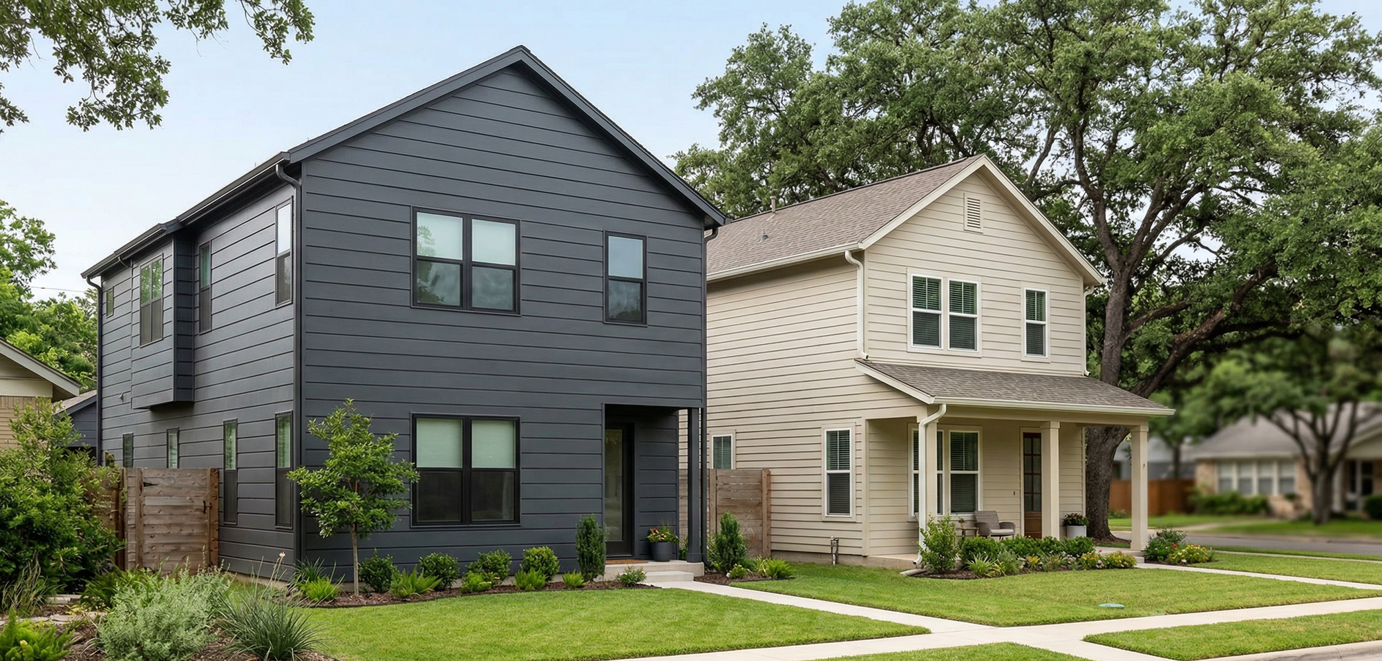 Modern Texas home with charcoal metal and fiber cement siding.