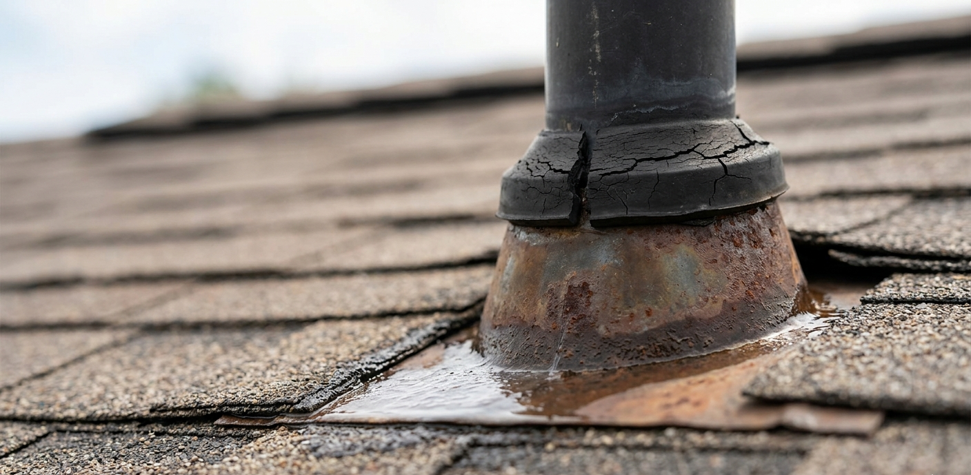 A close-up photograph of a cracked, weathered black rubber plumbing vent boot on an asphalt shingle roof, showing clear signs of deterioration and a potential entry point for water.