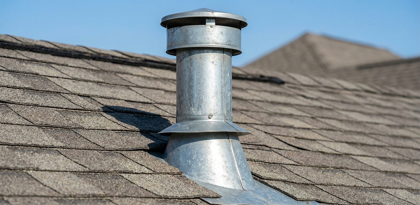 A high-definition image of a double-wall metal B vent pipe on a shingle roof, showing the proper integration of the galvanized base flashing and storm collar to prevent leaks at this HVAC penetration.