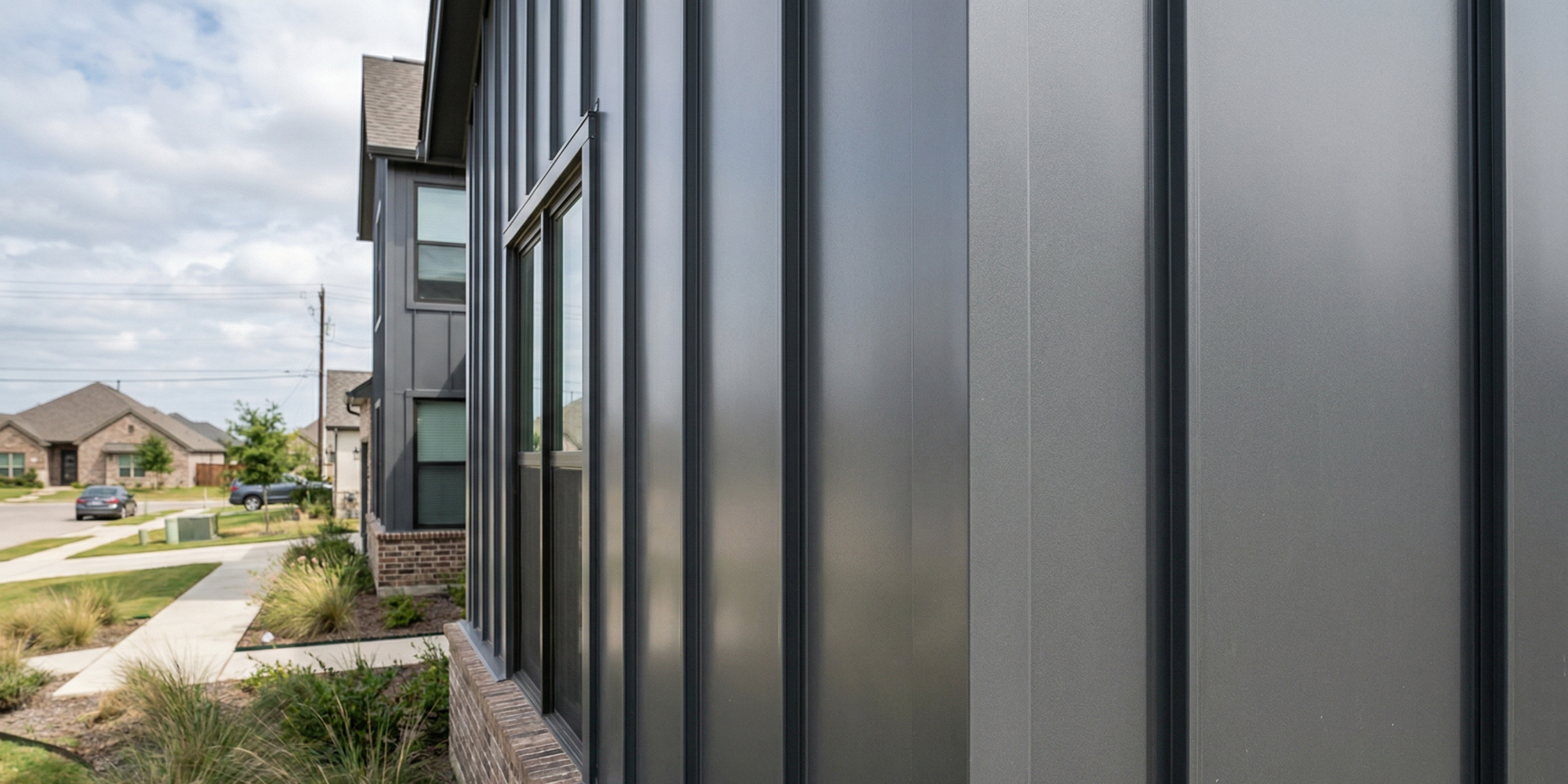 Siding installation by DFW Roofers in Dallas, Texas, featuring a modern charcoal grey standing seam metal exterior on a residential home