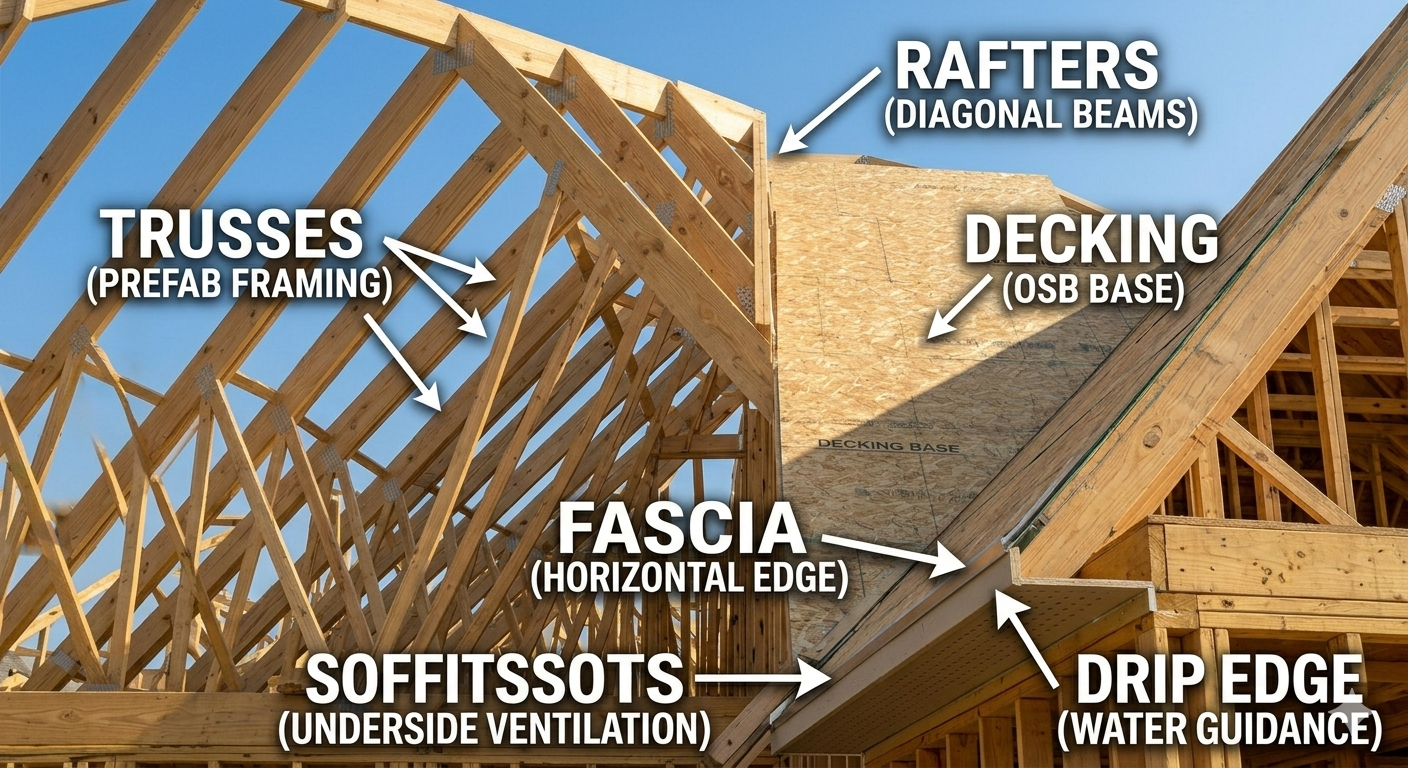 A high-definition photorealistic visual glossary infographic grouping the structural elements of a Texas home roof, with text callouts highlighting rafters, trusses, OSB decking, fascia, soffits, and drip edge on an unpopulated frame.