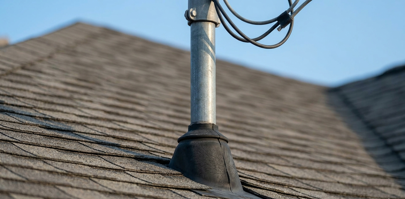 A detailed photograph of a metal electrical service mast passing through an asphalt shingle roof, sealed with a black rubber electrical boot. A utility weather head is visible at the top, illustrating a potential roof leak point.