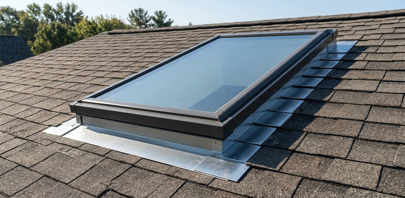 A detailed photograph taken from above a residential roof, illustrating the complex flashing system (step and counter flashing) surrounding a glass skylight to prevent leaks at the joints with asphalt shingles.