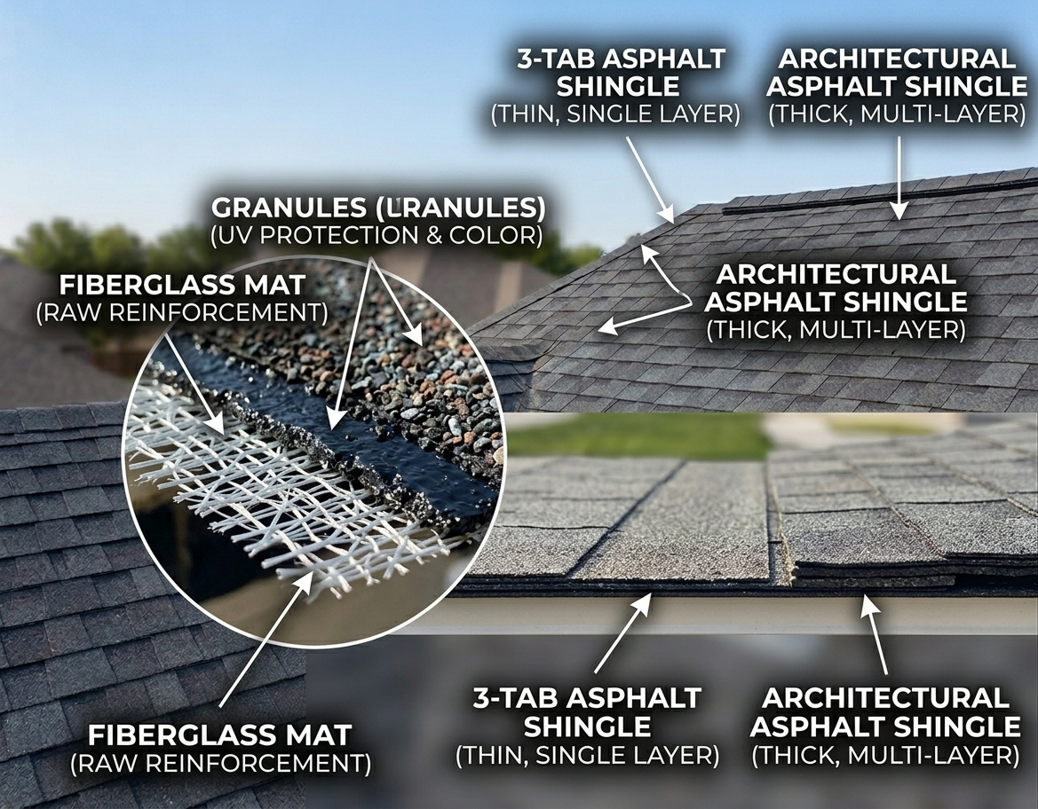 A technical close-up visual glossary infographic illustrating the multi-layer anatomy of an asphalt shingle, highlighting fiberglass mat, asphalt coating, and granules, with a direct side-by-side comparison of 3-tab and dimensional architectural shingle thickness.