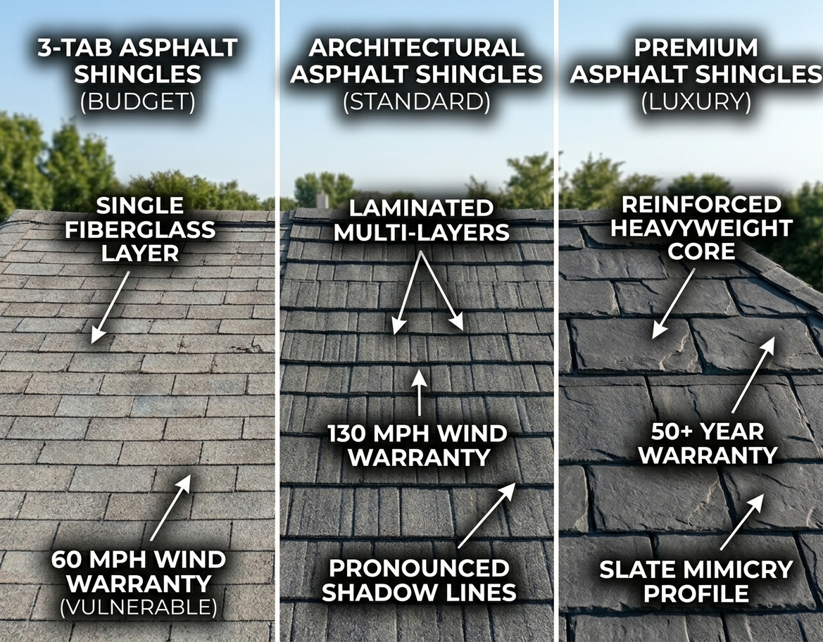 A high-definition visual glossary infographic showing a side-by-side split comparison of three major types of asphalt shingles: 3-tab (budget, single-layer), architectural (standard, laminated multi-layer), and premium (luxury, slate-look multi-layer), highlighting technical layering, thickness, and wind resistance differences.