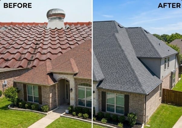 A high-definition split-screen photograph showing the dramatic visual transformation of a Texas home before and after a roof renovation, changing from old clay tiles to new architectural shingles, boosting curb appeal.