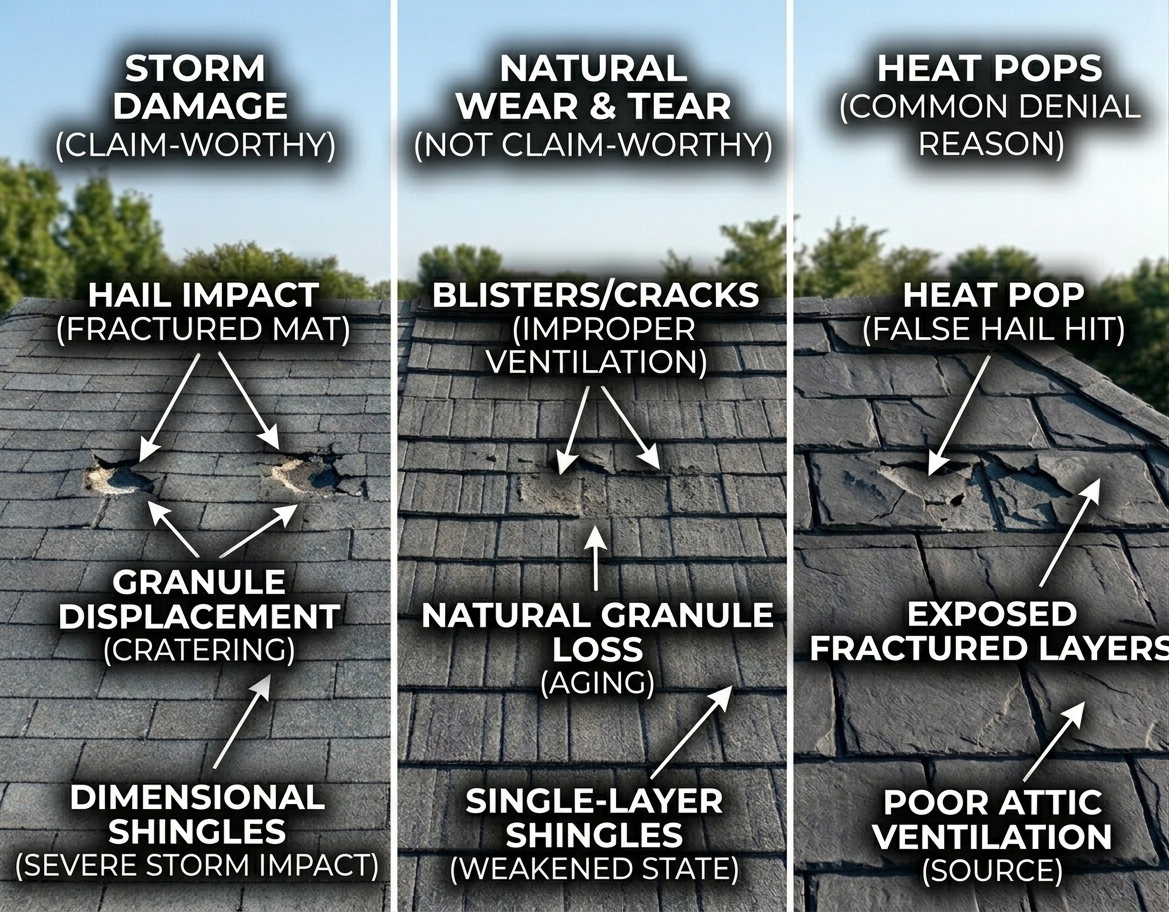A high-definition visual glossary infographic showing a side-by-side split comparison of three common reasons a Texas roof claim is denied: Storm Damage (claim-worthy), Natural Wear & Tear (not claim-worthy, including granule loss and blisters), and Heat Pops (denial reason, showing fractured layers from poor ventilation). It highlights technical differences against a bright afternoon sky.