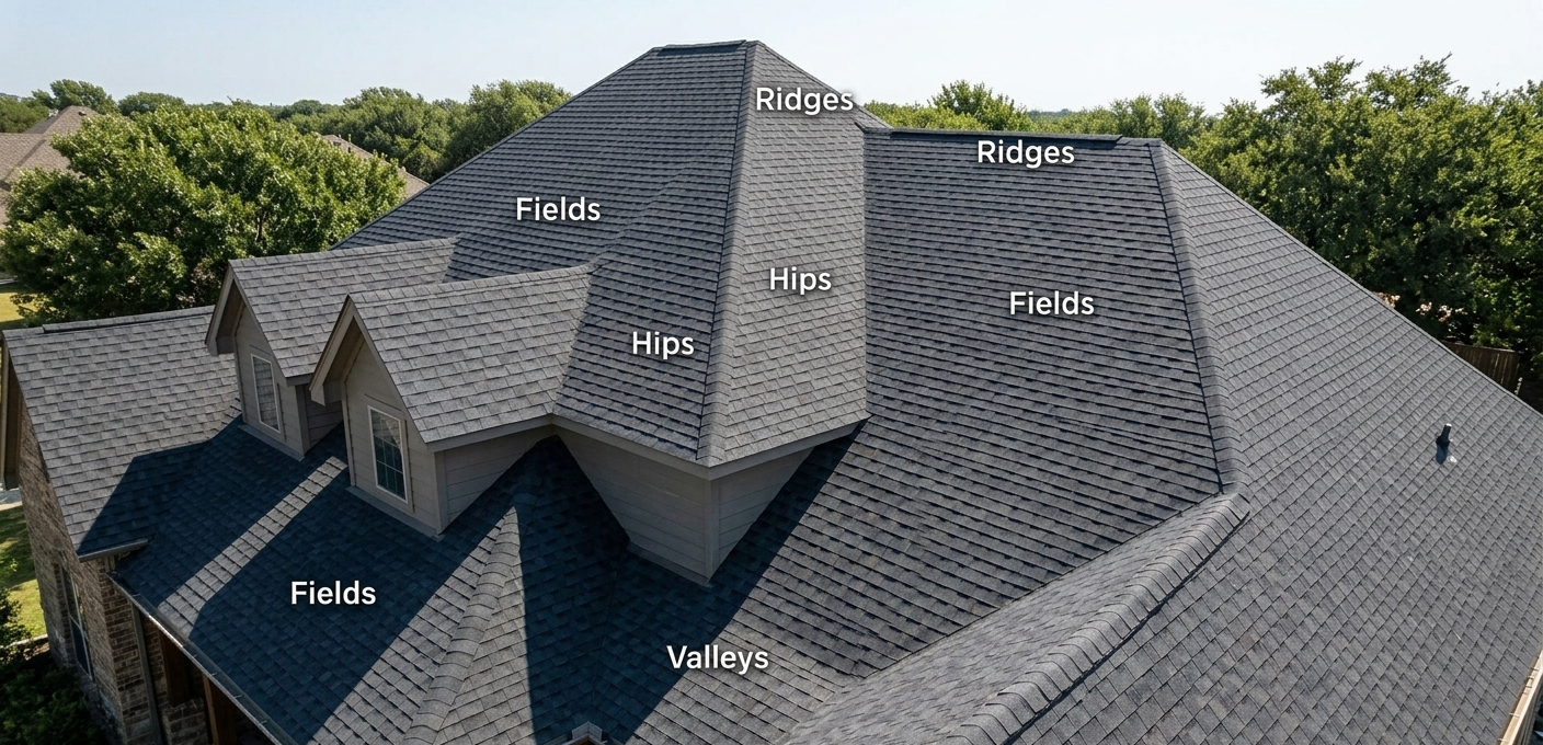 A high-definition photorealistic photograph from above, looking down on a multi-pitched finished gray shingle roof of a large Texas home, highlighting the clear fields, sharp ridges, sloping hips, and prominent valleys.