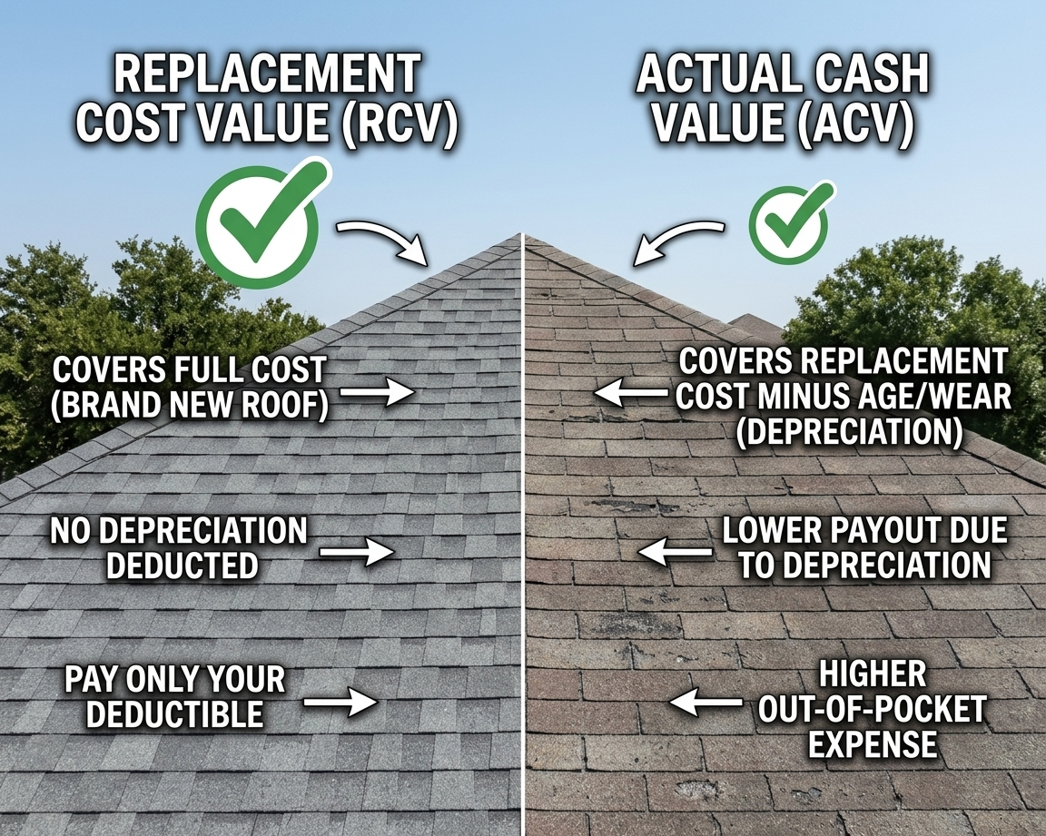 A high-definition visual glossary infographic showing a side-by-side split comparison of Replacement Cost Value (RCV, green, no depreciation) versus Actual Cash Value (ACV, red, with depreciation) for a weathered Texas home roof, highlighting the payout and out-of-pocket technical differences.