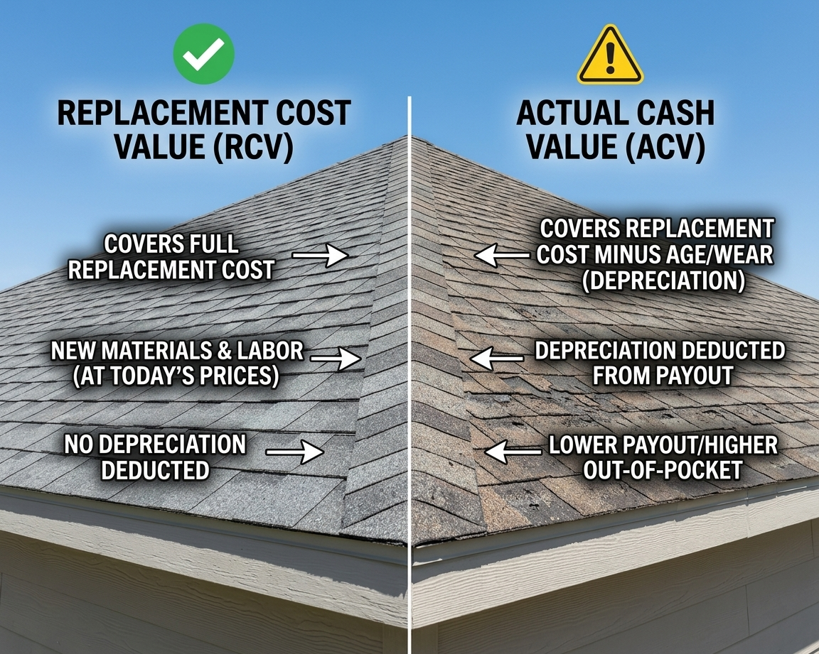 A high-definition visual glossary infographic comparing Replacement Cost Value (RCV, green, full payout) versus Actual Cash Value (ACV, yellow, depreciation-adjusted payout) for a Texas roof insurance claim, illustrating the difference on a split-screen architectural shingle roof under a bright afternoon sky.