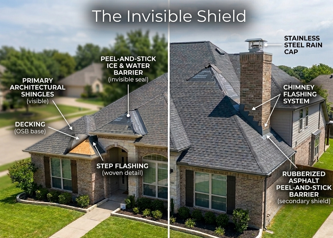 A high-definition photograph spotlighting the correct layering of self-adhering (peel-and-stick) underlayment beneath integrated chimney flashing on a grey shingle roof, creating a secondary waterproof barrier against leaks.