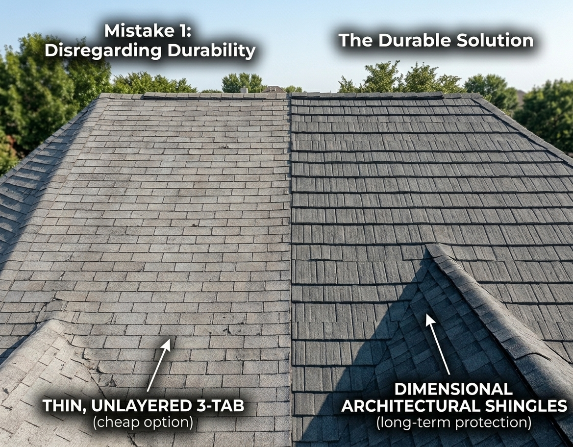 A high-definition photorealistic visual glossary side-by-side comparison of a weathered budget 3-tab shingle roof field alongside a high-quality dimensional grey architectural shingle roof field on a Texas home, highlighting the importance of choosing durability over upfront cost.