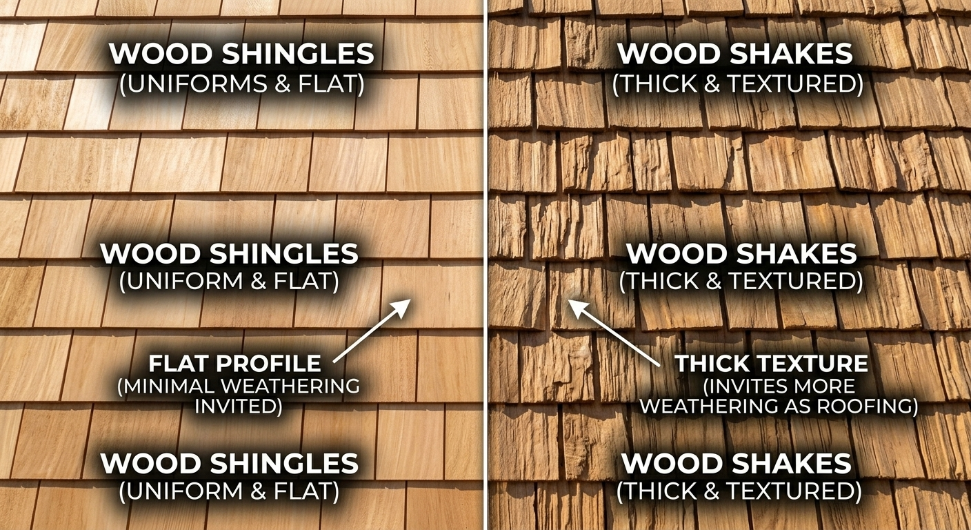 A technical close-up visual glossary infographic comparing the clean, flat profile of wood shingles with the rugged, textured split face of wood shakes, illustrative of how shakes invite more weathering than shingles.