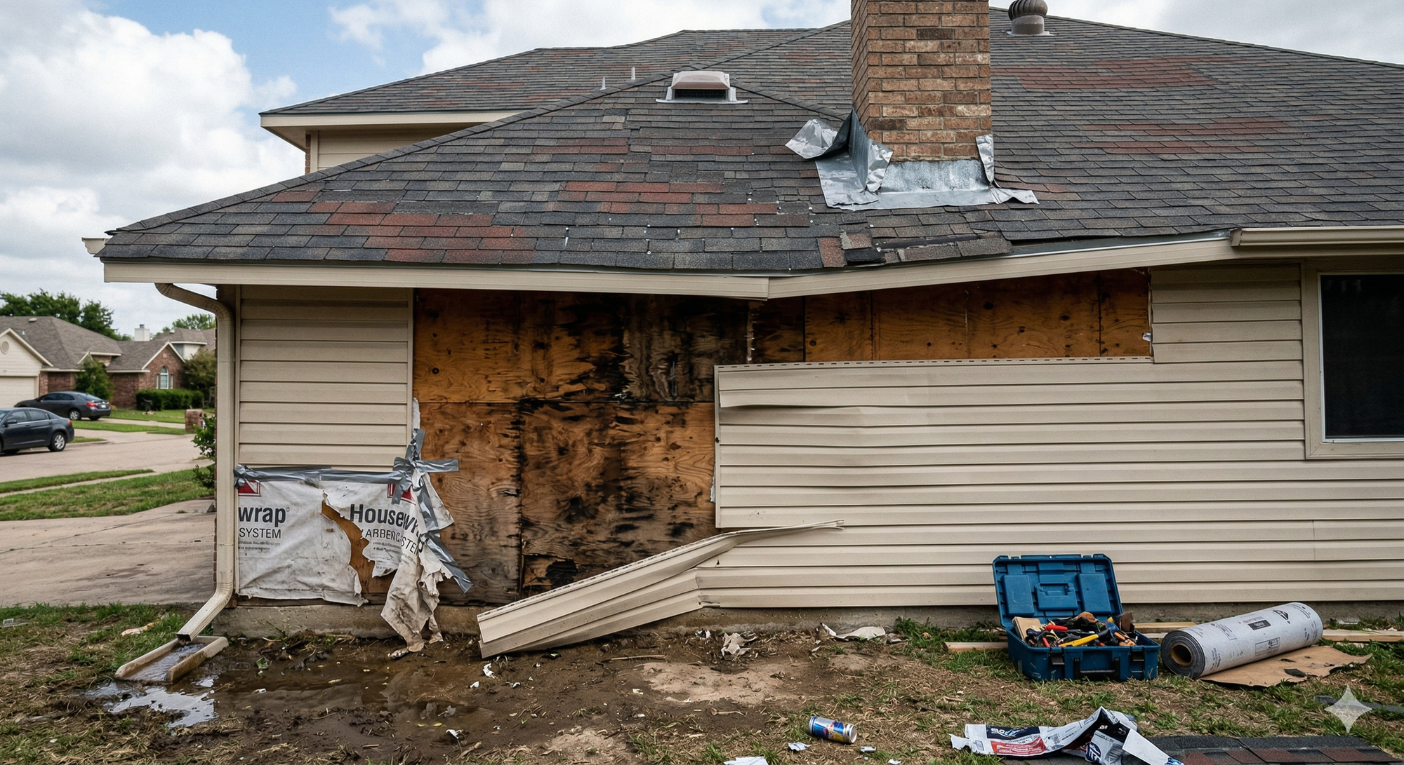 Siding repair by DFW Roofers in Dallas, Texas, revealing severe wood rot and exposed decking behind failing siding panels