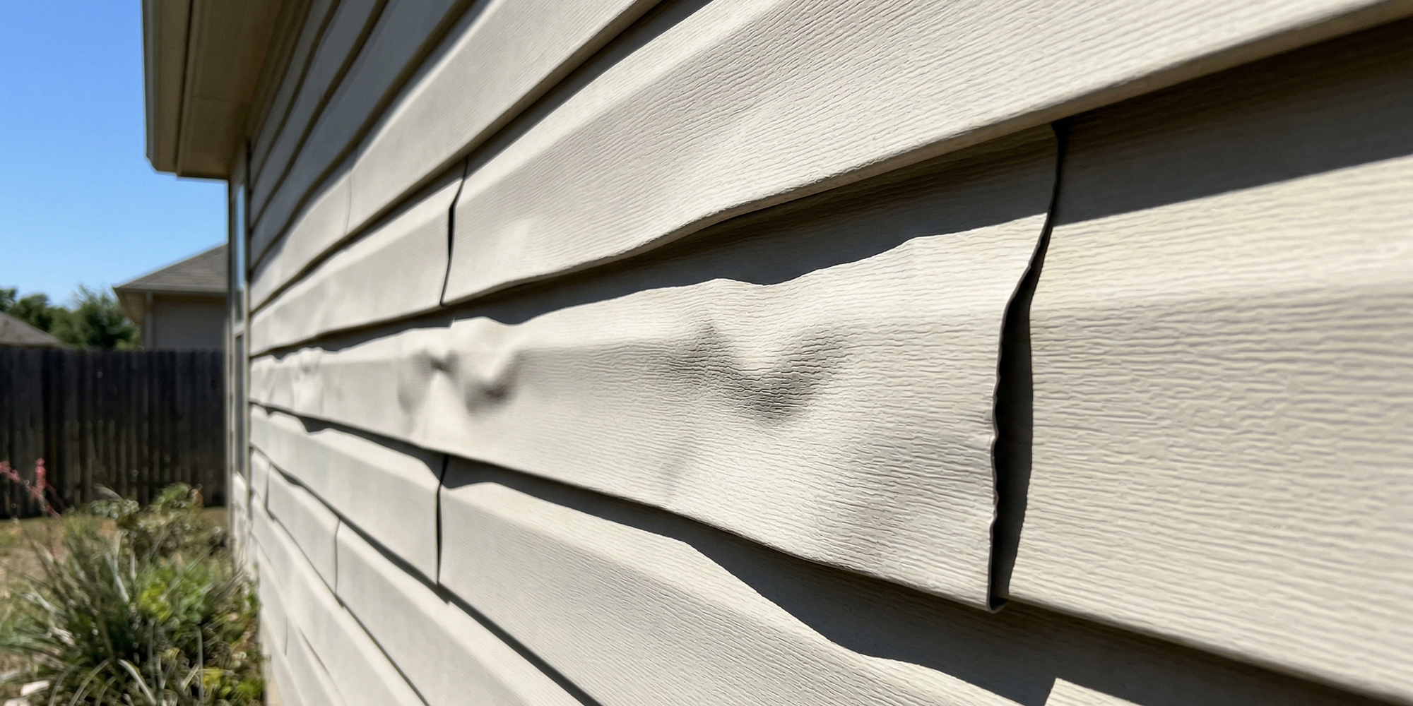Close-up of warped and buckled tan vinyl siding on a Texas home caused by extreme sun exposure and heat expansion.