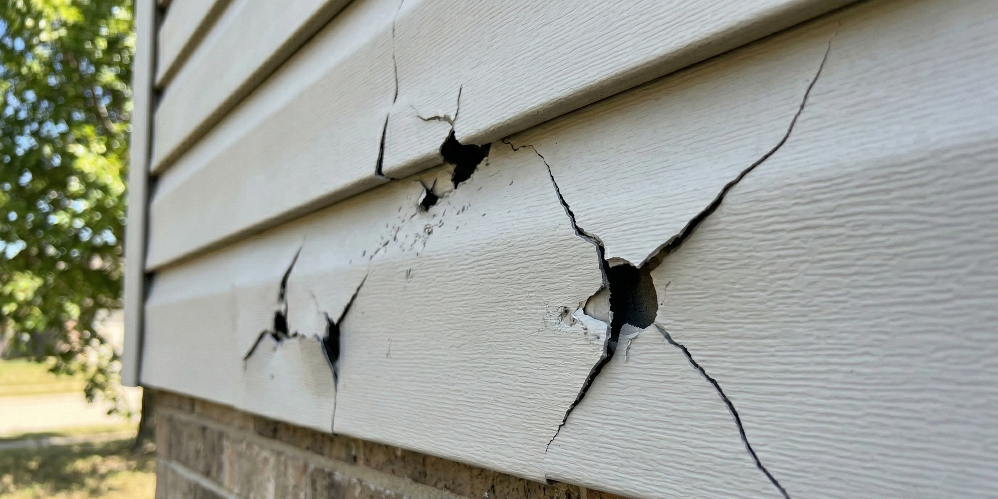 A screwdriver pressing into soft, spongy wood siding to demonstrate moisture rot and structural decay in a residential exterior.
